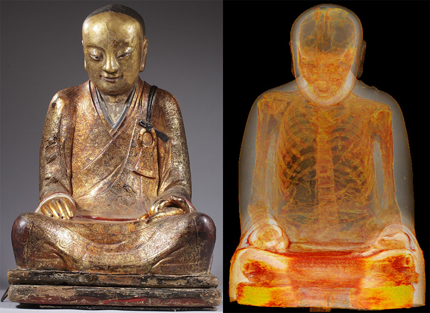 La mamá interior encontrado 1000 años de antigüedad estatua de Buda en posición de loto