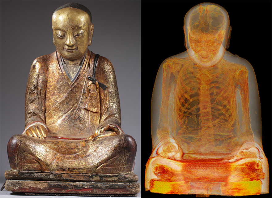 Mummy Found Inside 1000 Year Old Buddha Statue in Lotus Position